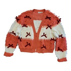 Woman's Sweater Striped Holiday Loop & Bow Red Pink White Cardigan  XL‎ Preppy